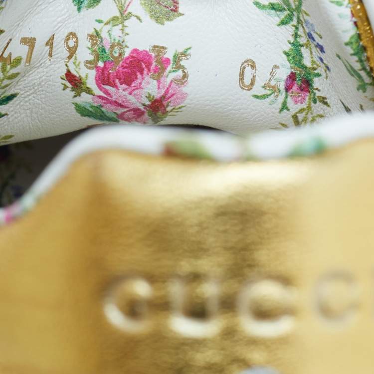 Pre Owned Gucci Metallic Gold Leather Crystal Web Low Top Sneakers Size 35