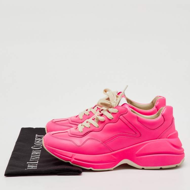 Pre Owned Gucci Neon Pink Leather Rhyton Sneakers Size 37.5