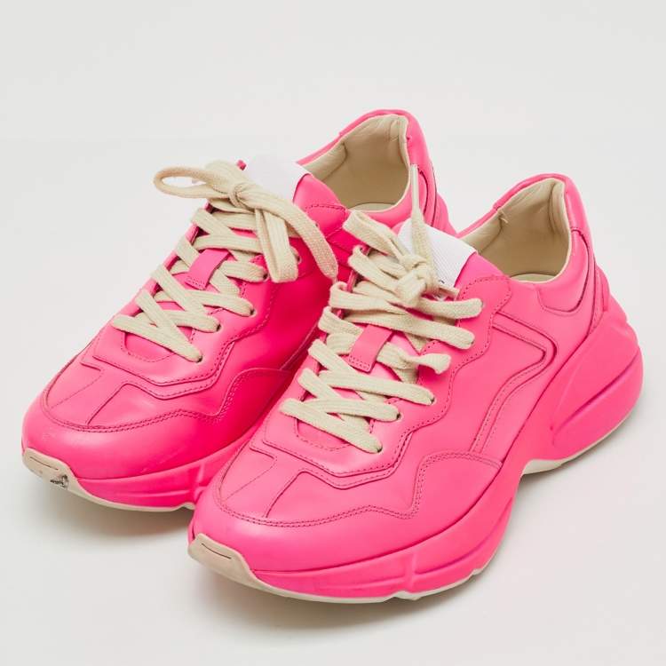 Pre Owned Gucci Neon Pink Leather Rhyton Sneakers Size 37.5
