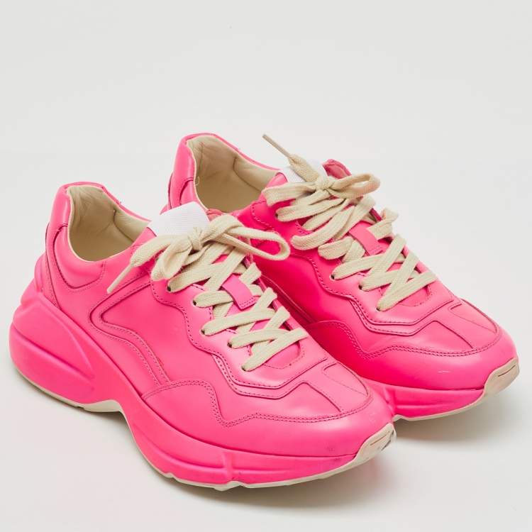 Pre Owned Gucci Neon Pink Leather Rhyton Sneakers Size 37.5