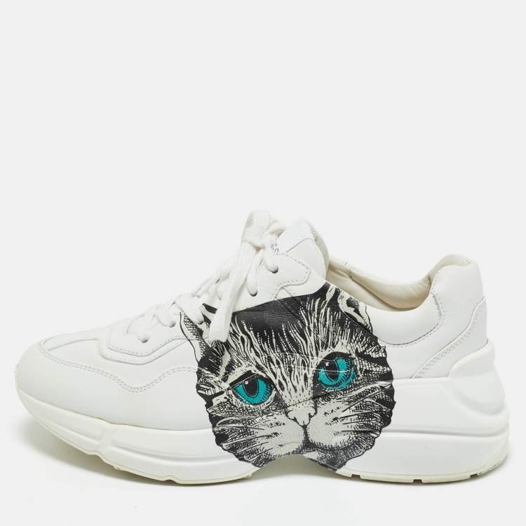 Pre Owned Gucci White Leather Mystic Cat Rhyton Low Top Sneakers Size 36.5