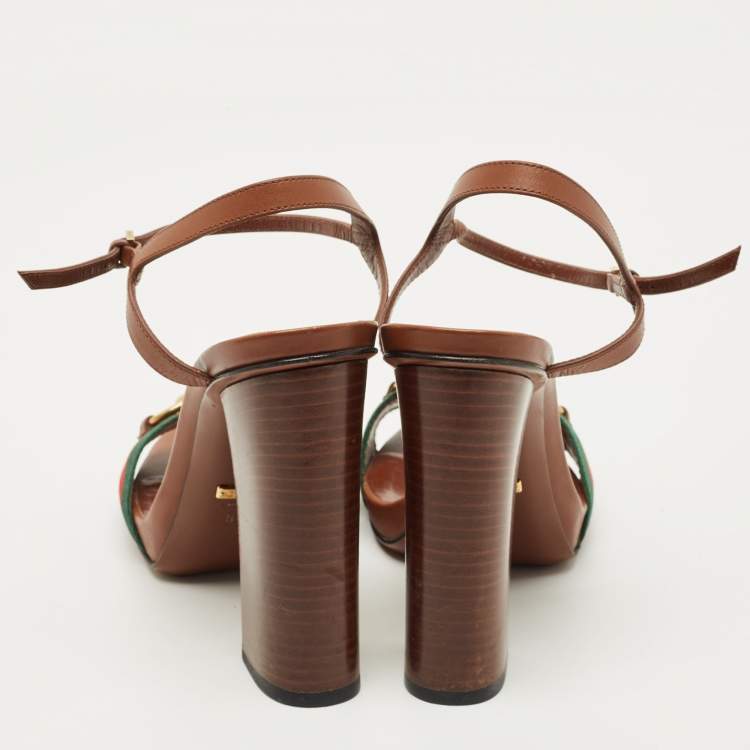 Pre Owned Gucci Brown Leather Horsebit Web Ankle Strap Sandals Size 38.5