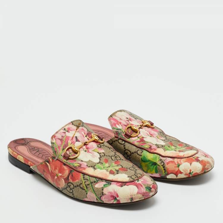 Pre Owned Gucci Multicolor GG Supreme Blooms Canvas Horsebit Princetown Mules Size 37
