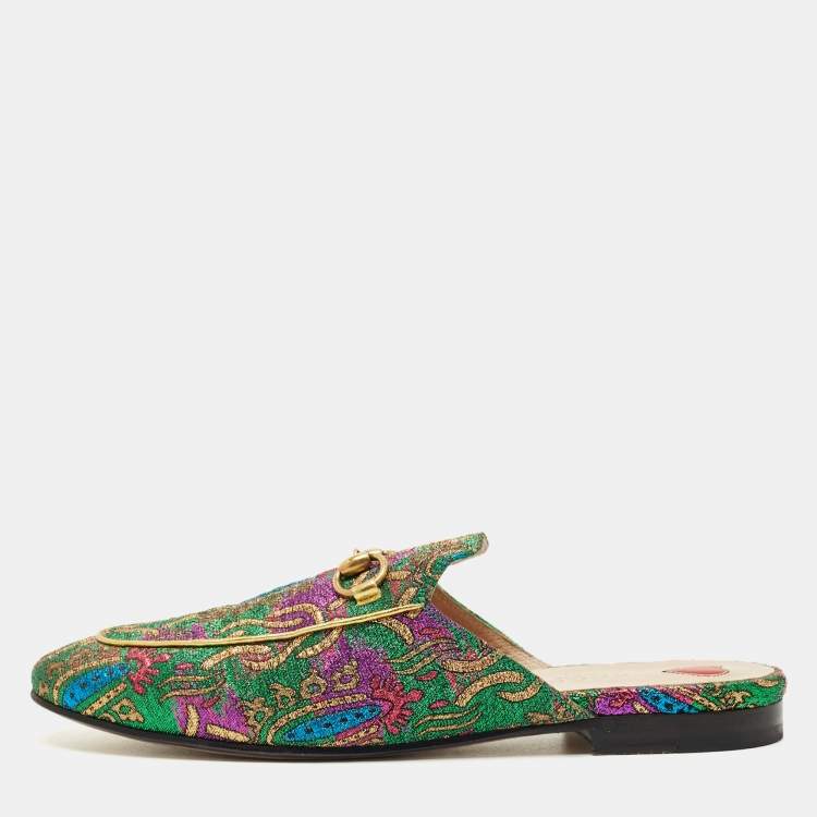 Pre Owned Gucci Multicolor Brocade Fabric Princetown Mules Size 37
