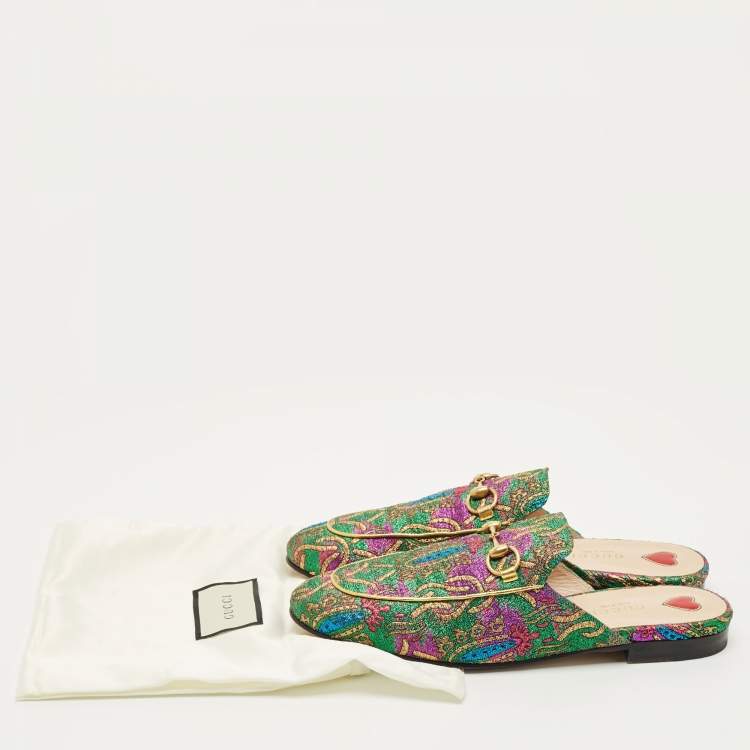 Pre Owned Gucci Multicolor Brocade Fabric Princetown Mules Size 37