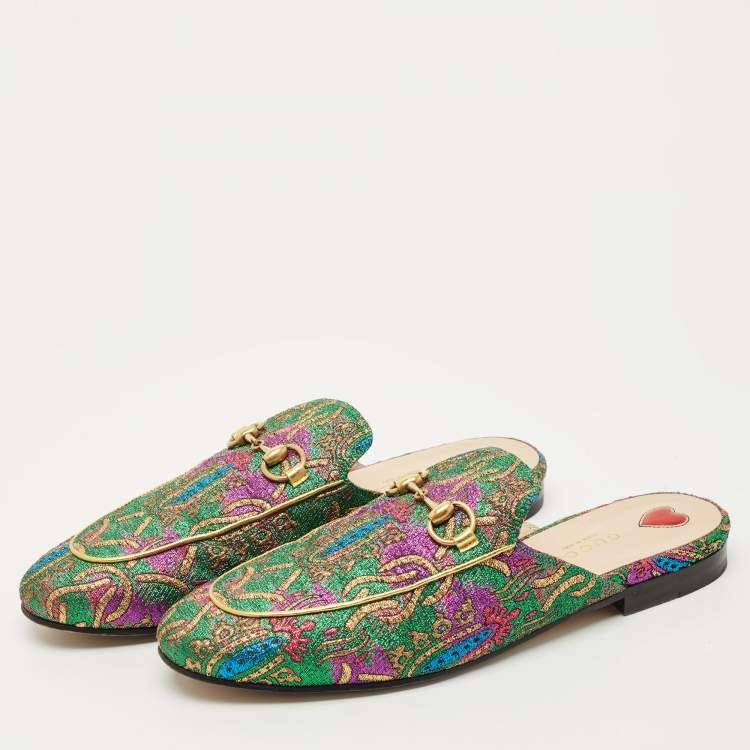 Pre Owned Gucci Multicolor Brocade Fabric Princetown Mules Size 37