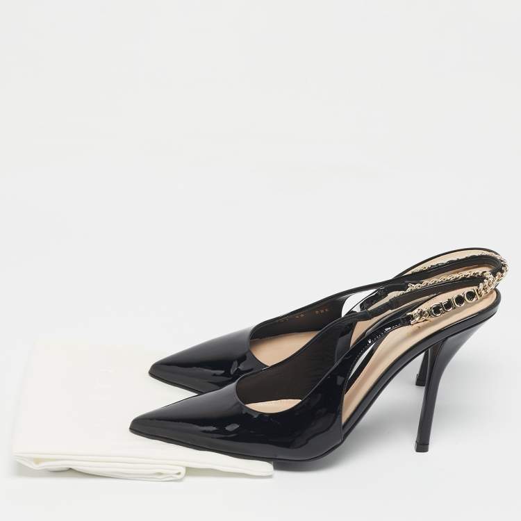 Pre Owned Gucci Black Patent Leather Signoria Chain Link Slingback Pumps Size 40