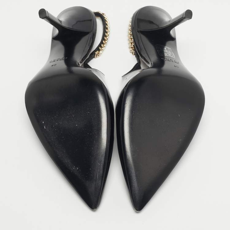 Pre Owned Gucci Black Patent Leather Signoria Chain Link Slingback Pumps Size 40