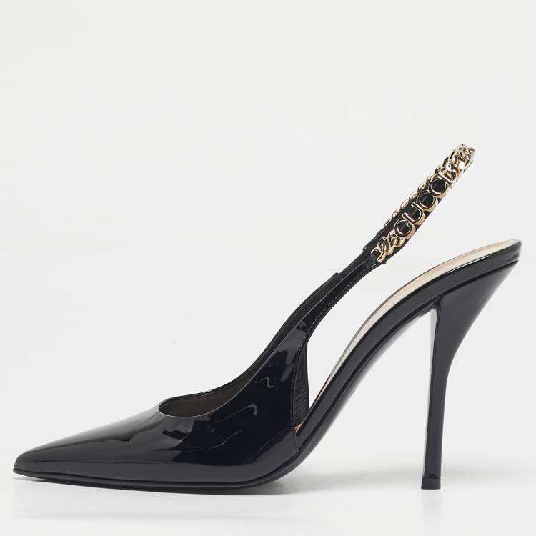 Pre Owned Gucci Black Patent Leather Signoria Chain Link Slingback Pumps Size 40