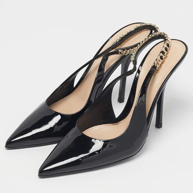 Pre Owned Gucci Black Patent Leather Signoria Chain Link Slingback Pumps Size 40