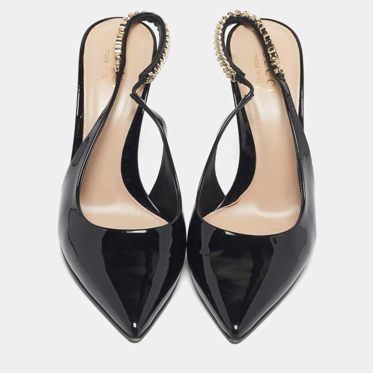Pre Owned Gucci Black Patent Leather Signoria Chain Link Slingback Pumps Size 40