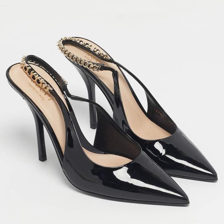 Pre Owned Gucci Black Patent Leather Signoria Chain Link Slingback Pumps Size 40