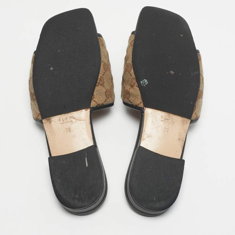 Pre Owned Gucci Beige/Black GG Canvas GG Marmont Flat Slides Size 39