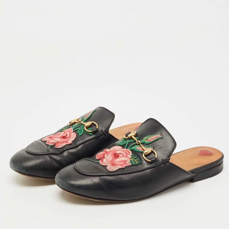 Pre Owned Gucci Black Leather Rose Embroidered Princetown Horsebit Flat Mules Size 39