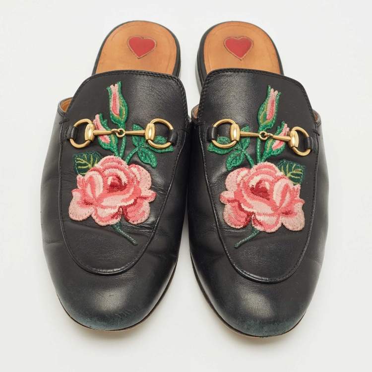 Pre Owned Gucci Black Leather Rose Embroidered Princetown Horsebit Flat Mules Size 39