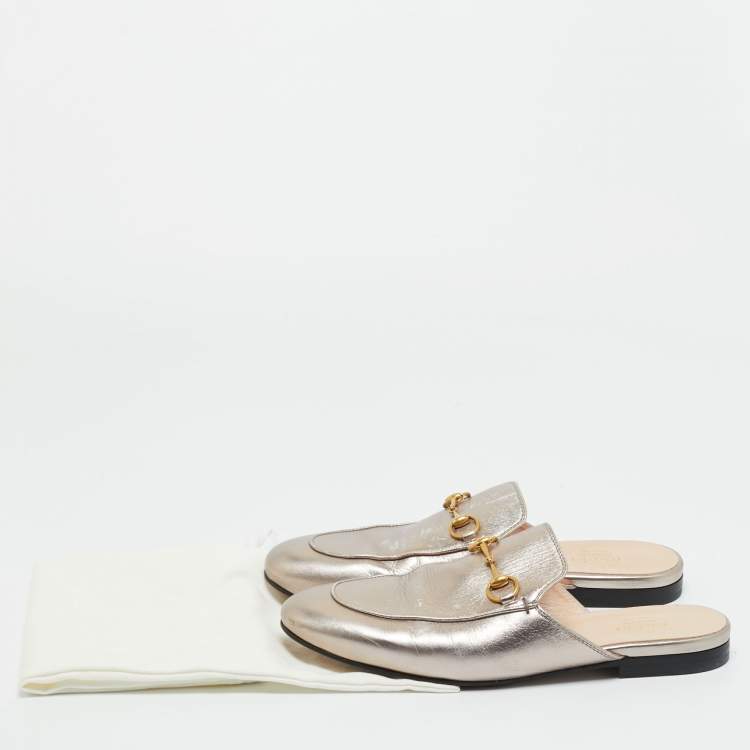 Pre Owned Gucci Silver Leather Horsebit Princetown Mules Size 38.5