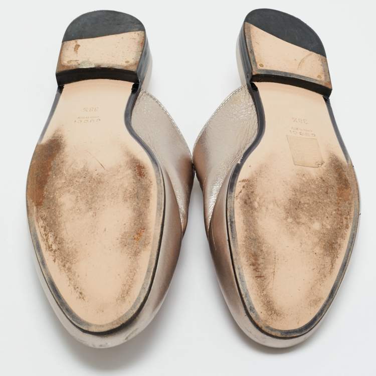 Pre Owned Gucci Silver Leather Horsebit Princetown Mules Size 38.5