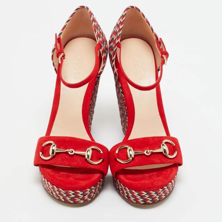 Pre Owned Gucci Red Suede Horse Bit  Carolina Wedge Sandals Size 37