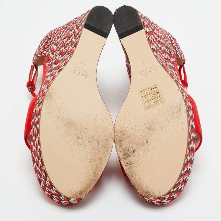 Pre Owned Gucci Red Suede Horse Bit  Carolina Wedge Sandals Size 37