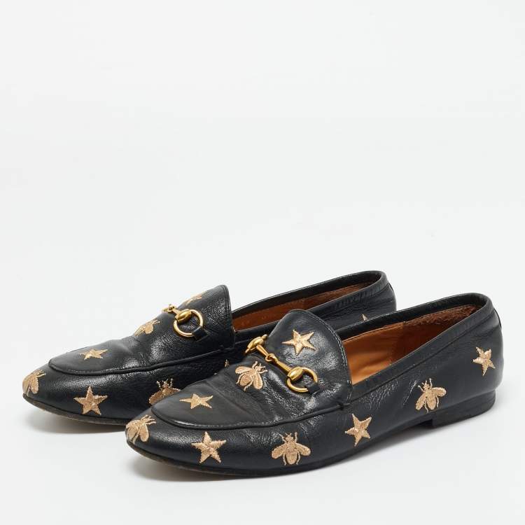 Pre Owned Gucci Black Leather Embroidered Bee Star Horsebit Slip On Loafers Size 39