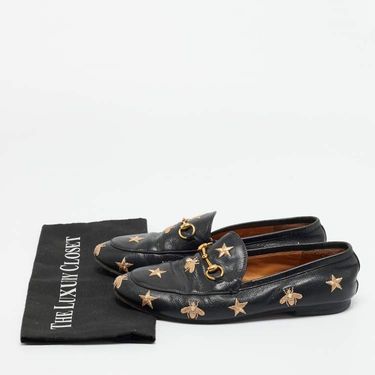 Pre Owned Gucci Black Leather Embroidered Bee Star Horsebit Slip On Loafers Size 39
