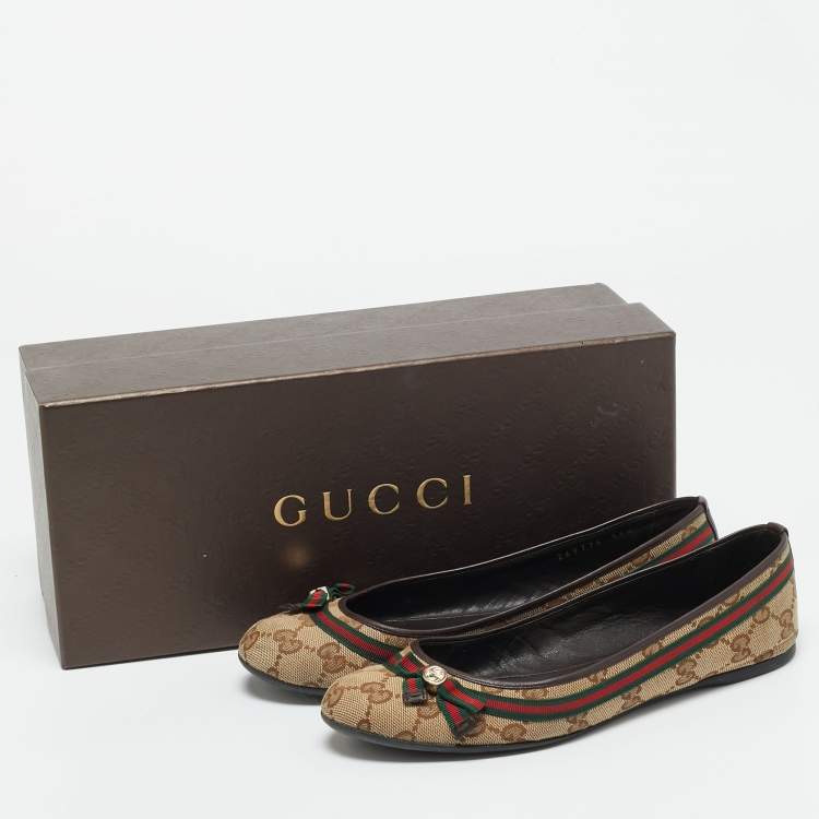 Pre Owned Gucci Beige/Brown GG Canvas And Leather Mayfair Web Bow Detail Ballet Flats Size 36.5