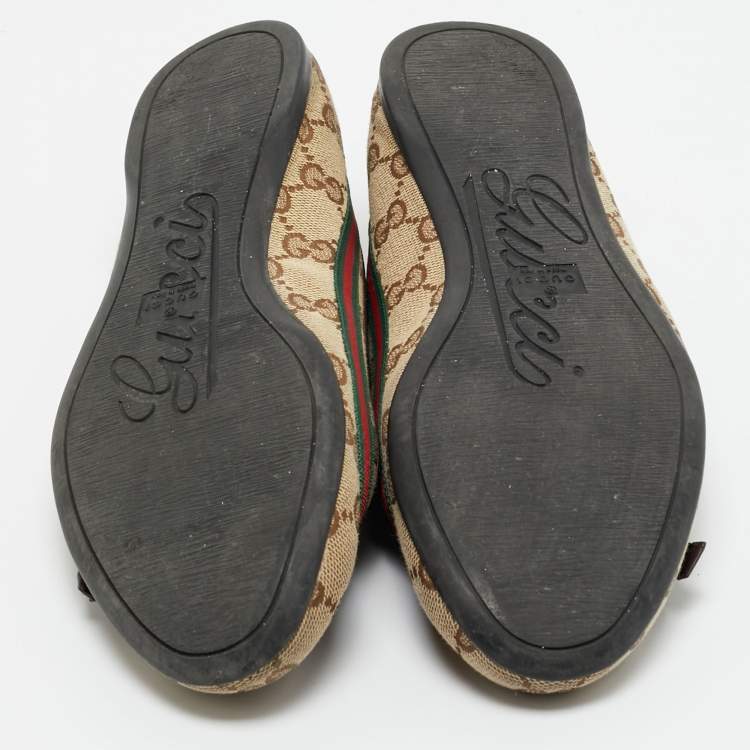Pre Owned Gucci Beige/Brown GG Canvas And Leather Mayfair Web Bow Detail Ballet Flats Size 36.5