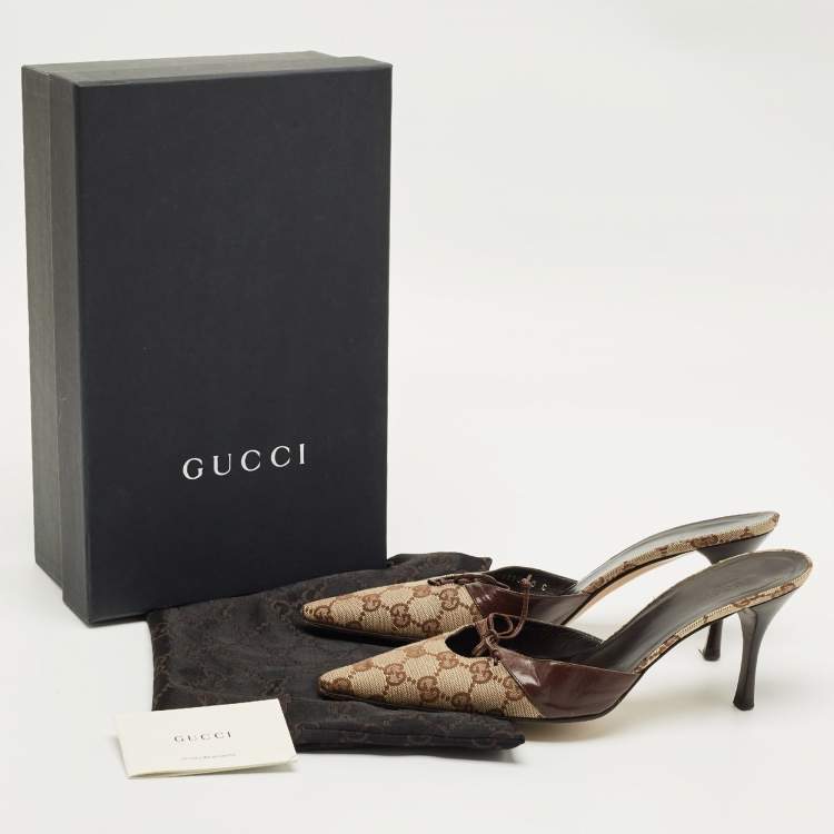 Pre Owned Gucci Brown/Beige GG Canvas Pointed Toe Mules Size 40
