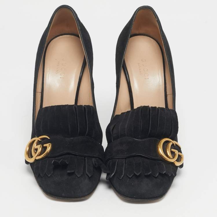 Pre Owned Gucci Black Suede GG Marmont Block Heel Pumps Size 38.5