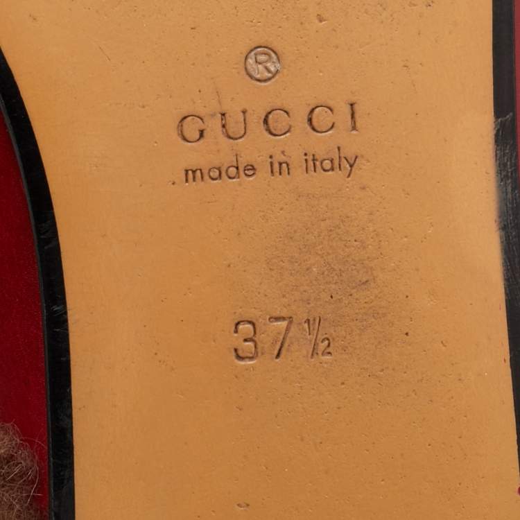 Pre Owned Gucci Red Leather and Fur Princetown Flat Mules Size 37.5