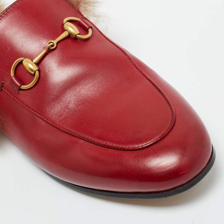 Pre Owned Gucci Red Leather and Fur Princetown Flat Mules Size 37.5
