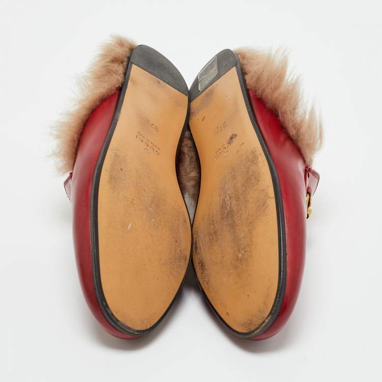 Pre Owned Gucci Red Leather and Fur Princetown Flat Mules Size 37.5