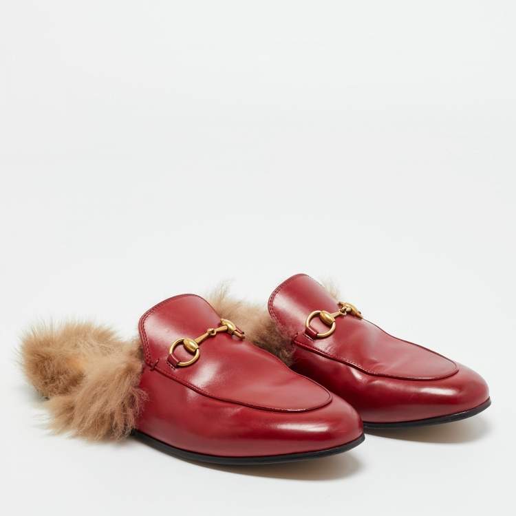 Pre Owned Gucci Red Leather and Fur Princetown Flat Mules Size 37.5