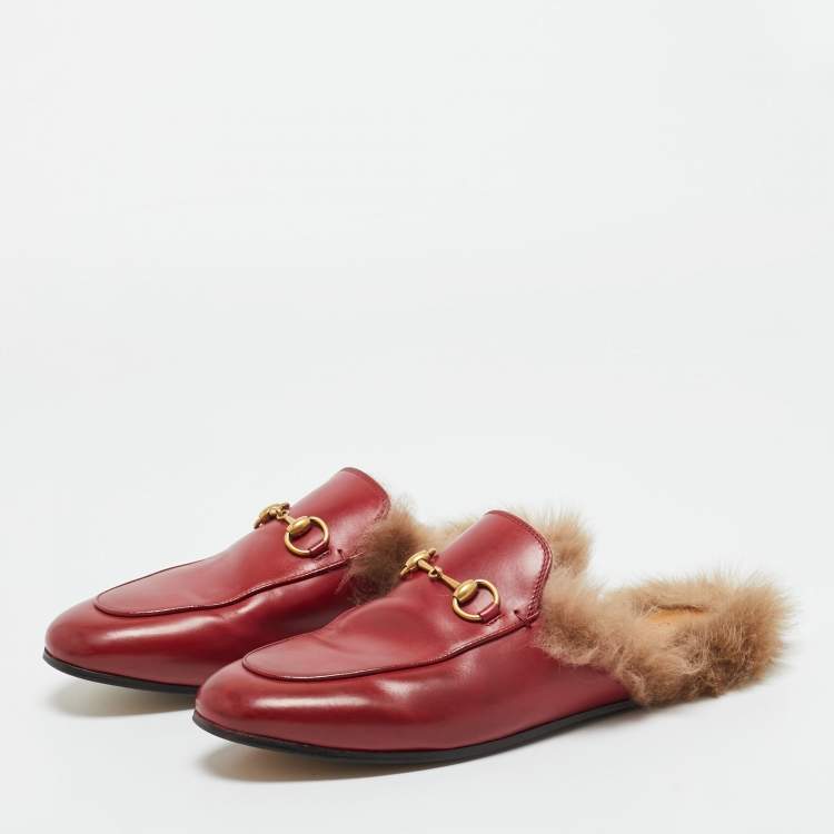Pre Owned Gucci Red Leather and Fur Princetown Flat Mules Size 37.5
