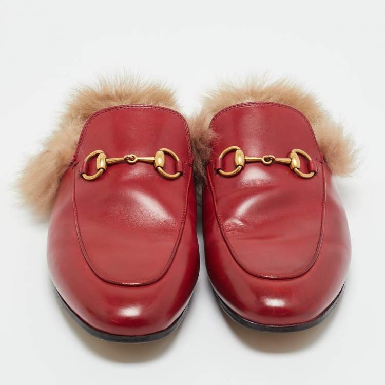 Pre Owned Gucci Red Leather and Fur Princetown Flat Mules Size 37.5