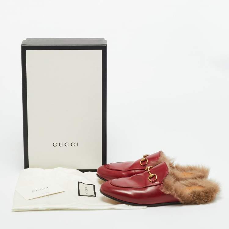 Pre Owned Gucci Red Leather and Fur Princetown Flat Mules Size 37.5