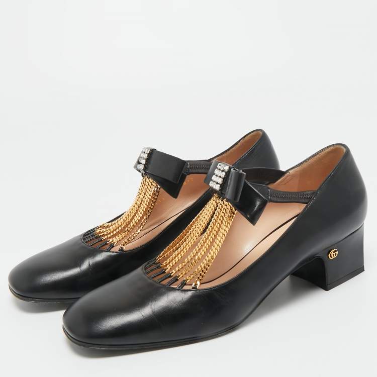 Pre Owned Gucci Black Leather Chain Embellished Mary Jane Pumps Size 39
