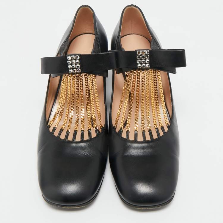 Pre Owned Gucci Black Leather Chain Embellished Mary Jane Pumps Size 39