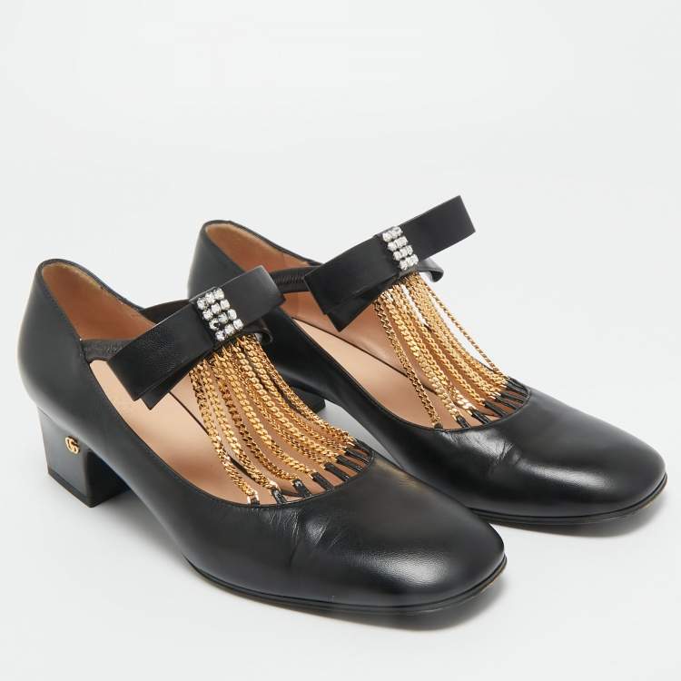 Pre Owned Gucci Black Leather Chain Embellished Mary Jane Pumps Size 39
