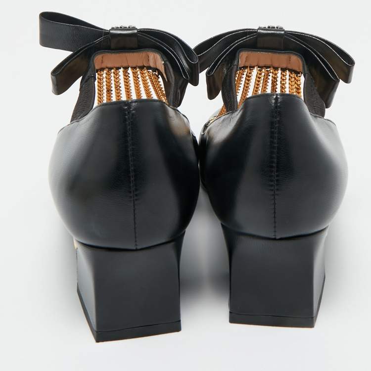 Pre Owned Gucci Black Leather Chain Embellished Mary Jane Pumps Size 39