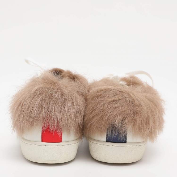 Pre Owned Gucci White Leather Fur Lined Ace Low Top Sneakers Size 38