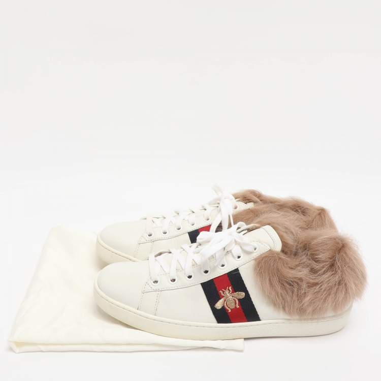 Pre Owned Gucci White Leather Fur Lined Ace Low Top Sneakers Size 38