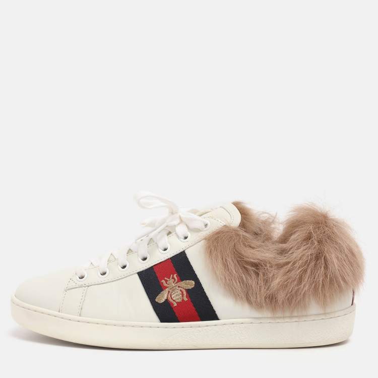 Pre Owned Gucci White Leather Fur Lined Ace Low Top Sneakers Size 38