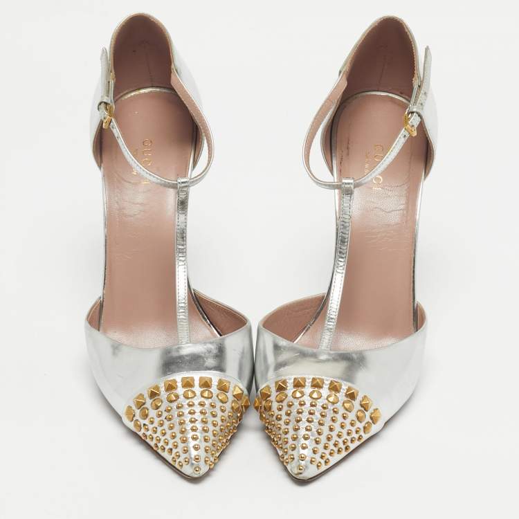 Pre Owned Gucci Silver Leather Stud Point Toe Ankle Strap Pumps Size 39.5