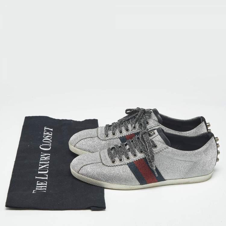 Pre Owned Gucci Silver Glitter Web Low Top Sneakers Size 38