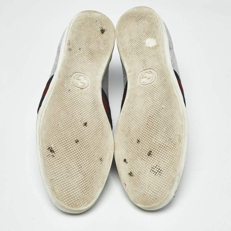 Pre Owned Gucci Silver Glitter Web Low Top Sneakers Size 38