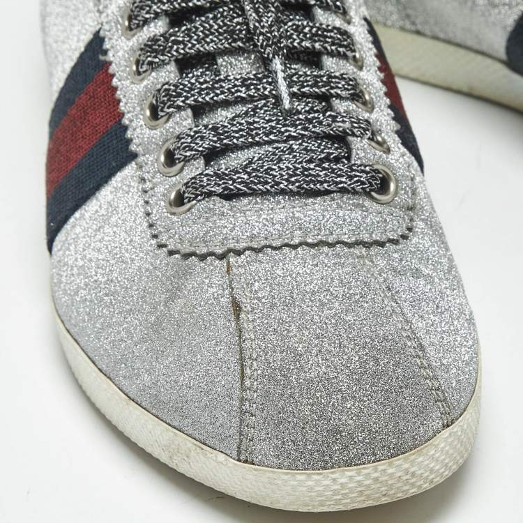 Pre Owned Gucci Silver Glitter Web Low Top Sneakers Size 38