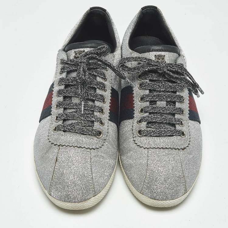 Pre Owned Gucci Silver Glitter Web Low Top Sneakers Size 38