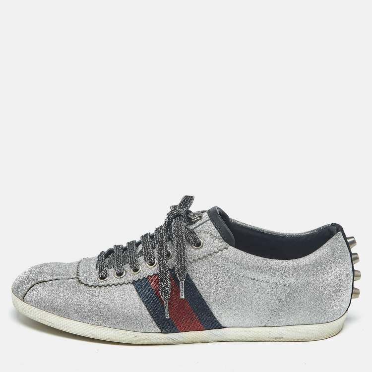 Pre Owned Gucci Silver Glitter Web Low Top Sneakers Size 38