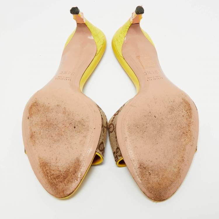 Pre Owned Gucci Yellow Leather and GG Canvas Slide Sandals Size 34.5